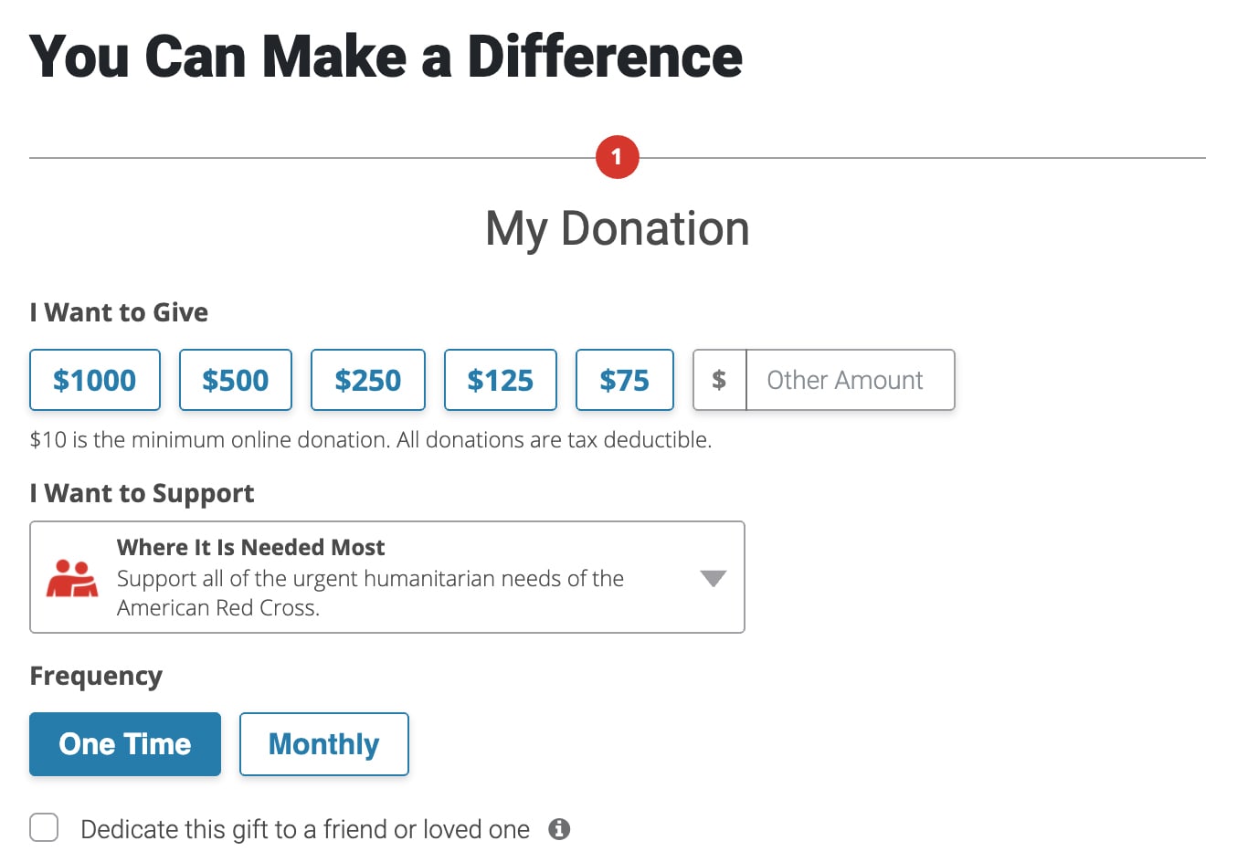 donation form amounts example from the American Red Cross